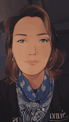 a cartoon drawing of a woman wearing a bandana and a jacket that says omiic