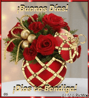 a bouquet of red roses in a red vase with the words buenos dias