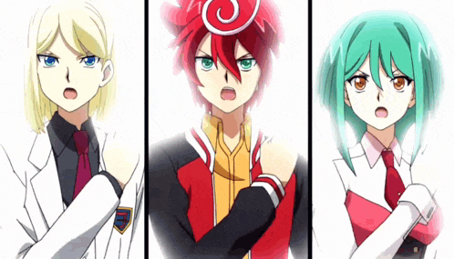 three anime characters are standing next to each other with their hands folded in front of their chests