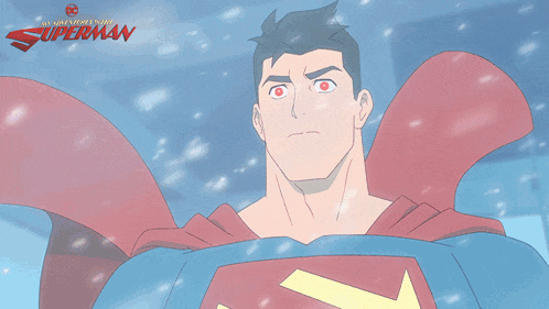 a poster for my adventures with superman shows a man with glowing eyes