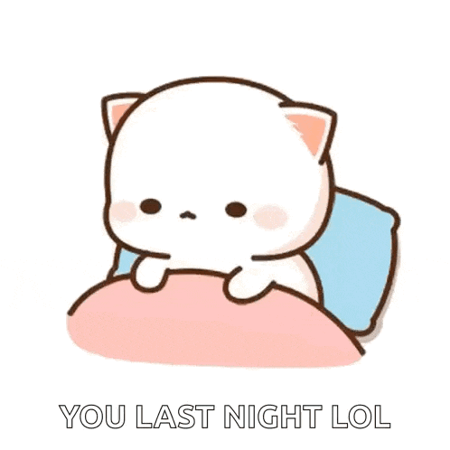 a cartoon cat is sitting on a bed with a pillow and a blanket and says `` you last night lol '' .