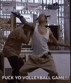 two men are standing next to each other in a store and one of them is saying `` fuck yo volleyball game '' .