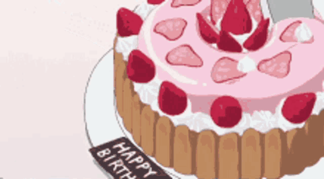 a birthday cake with strawberries and whipped cream on top