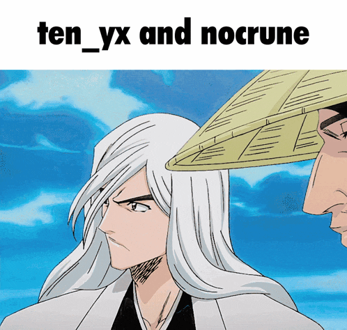 a cartoon of a man with long white hair and the words ten yx and nocrune