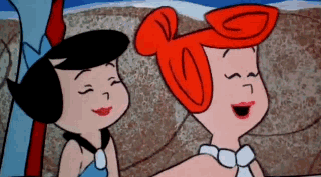 a couple of cartoon characters are standing next to each other and laughing .