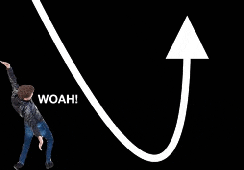 a man is standing in front of a white arrow and the word woah is above him