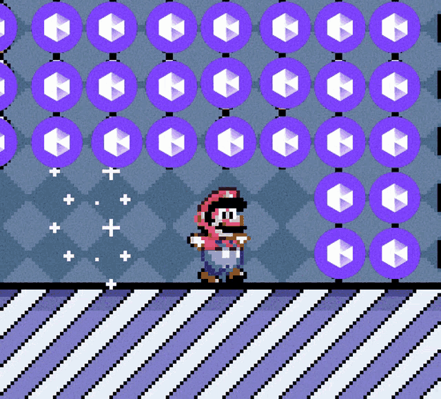 a pixel art of mario walking in front of purple circles