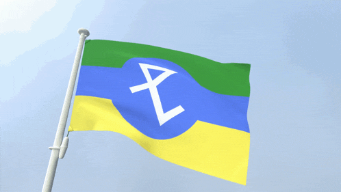 a blue green and yellow flag with a white letter a on it