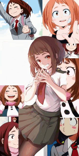 a collage of images of a girl in a school uniform and tie