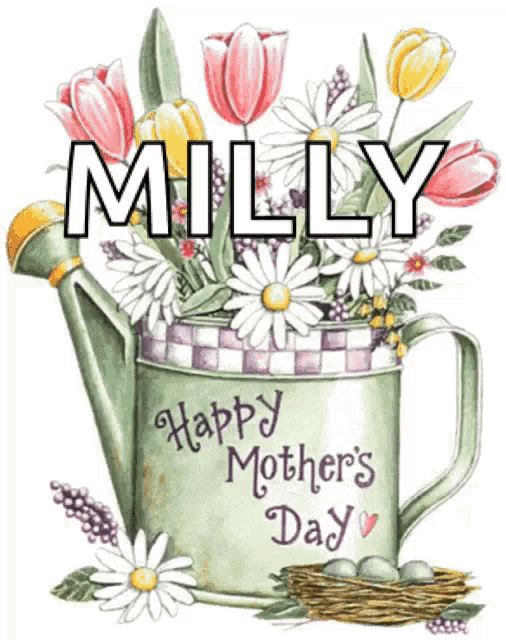a watering can with flowers and the name milly written on it