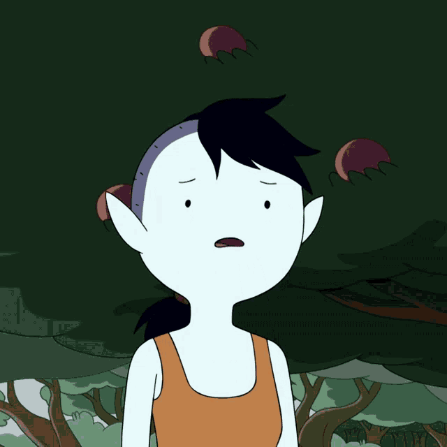 a cartoon character with a shaved head and a hand on her face