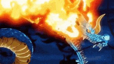 a dragon with a blue tail and horns is surrounded by fire .