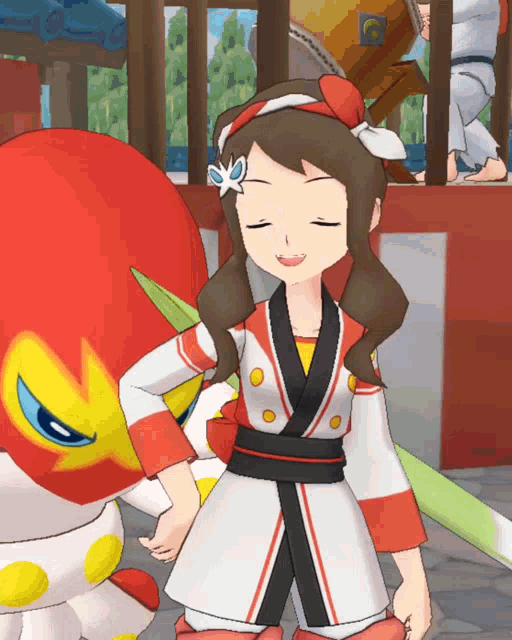 a girl in a kimono is standing next to a red and yellow animal