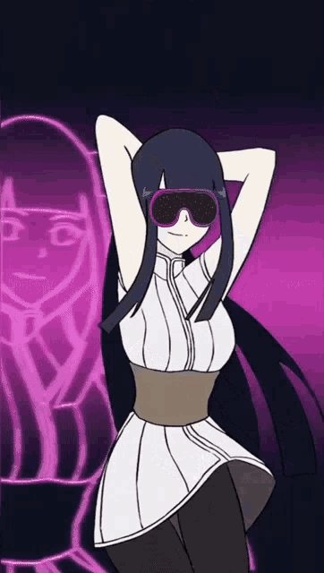 a cartoon of a girl wearing sunglasses and a purple background