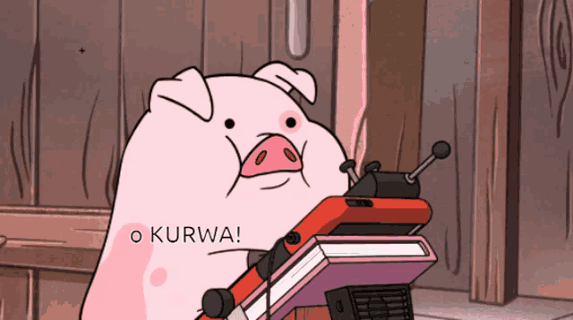 a cartoon pig with the word kurwa written on its face