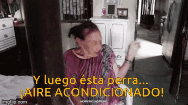 a woman sitting in a chair with the words y luego esta perra aire acondicionado
