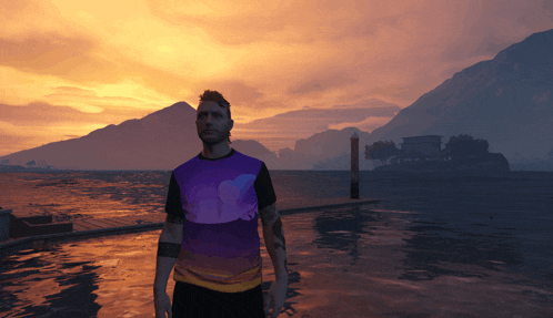 a man in a purple shirt is standing on a dock at sunset