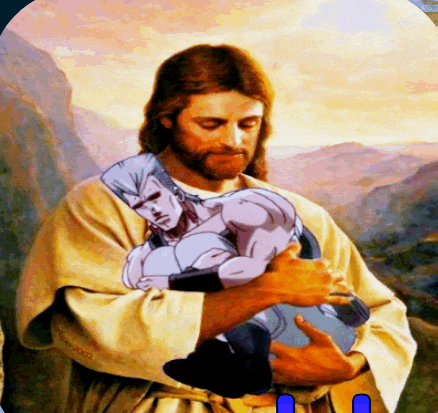 a painting of jesus holding a man in his arms with the word jesus on the bottom right