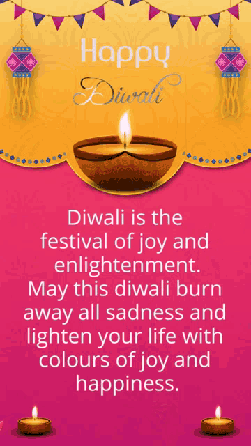 a happy diwali greeting card with a candle in a bowl