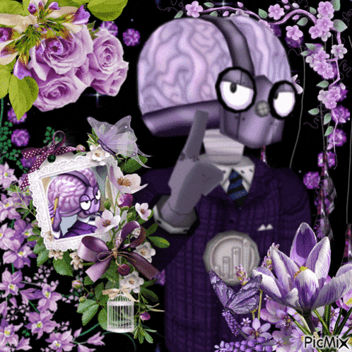 a picture of a robot surrounded by purple flowers and butterflies with the words picmix on the bottom