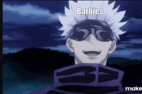 a man wearing sunglasses and a mask with the word barbies written on it