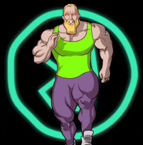a cartoon of a man with a beard wearing purple pants and a green tank top