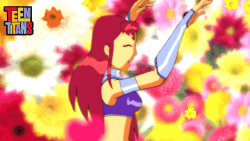 a teen titans poster with a girl dancing in front of a bunch of flowers