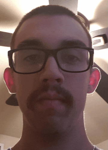 a man wearing glasses and a mustache looks at the camera