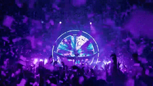 a crowd of people are dancing at a concert with purple lights and confetti .