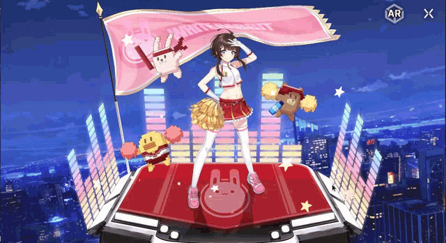 a girl in a cheerleading outfit is standing on a stage with a banner that says white night