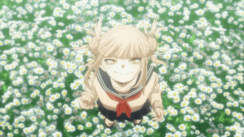 a girl in a school uniform is standing in a field of daisies and smiling .