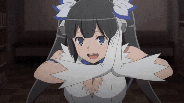 a girl with long black hair and white gloves is making a gesture with her hands