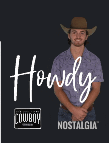 a man wearing a cowboy hat is standing in front of a sign that says howdy nostalgia
