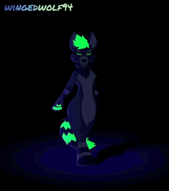 a glow in the dark drawing of a wolf with the name wingedwolf94