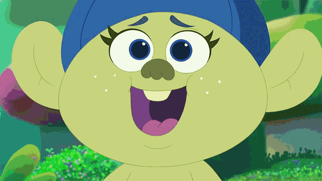 a cartoon character with a blue hat and a big smile