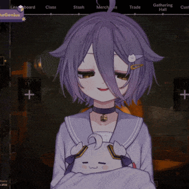 a girl with purple hair is holding a stuffed animal in front of a screen that says " gathering hall "