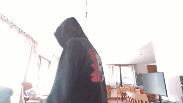 a person wearing a black hoodie with a picture of a face on it