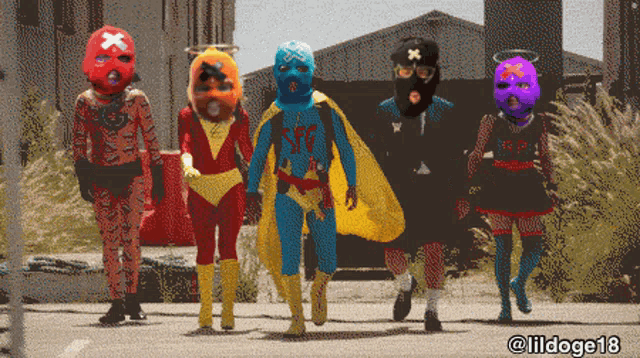 a group of kids dressed in superhero costumes are walking down a street with the watermark @ lildoge18