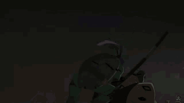 a ninja turtle is flying through the air in a dark room