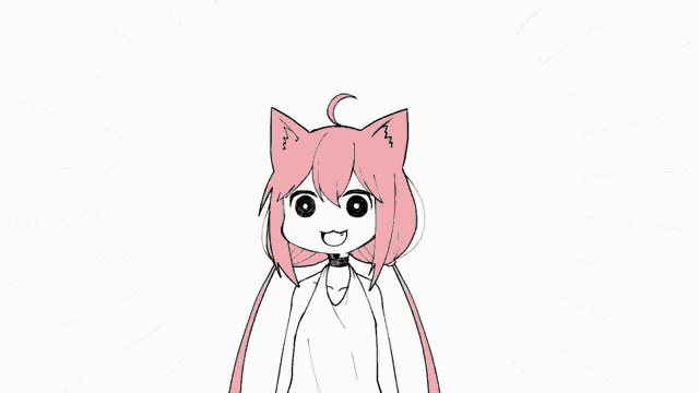 a cartoon of a girl with a cat ear and a choker stands in front of chinese writing