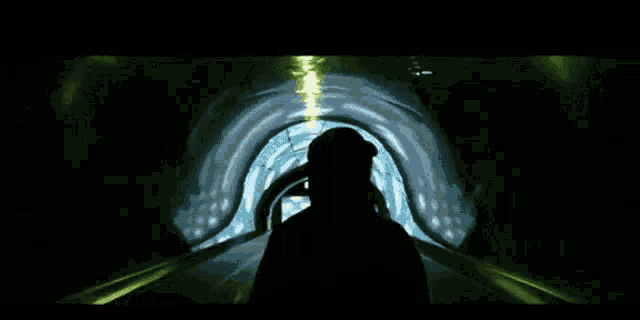 a person in a hooded jacket is standing in a dark room with a green light coming out of it .