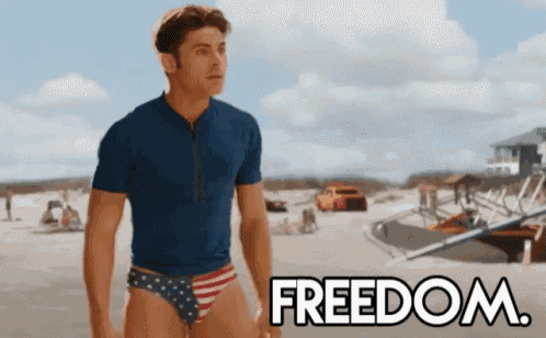 a man in a blue shirt and red white and blue swim trunks is standing on a beach with the word freedom in the background