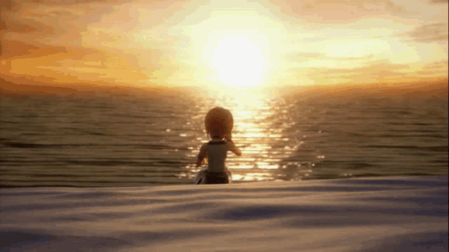 a person is standing on a beach looking at the sunset