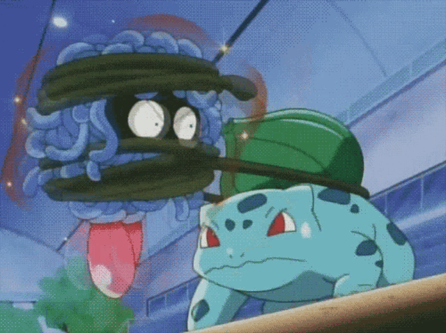a cartoon of a turtle being tied up by a blue monster