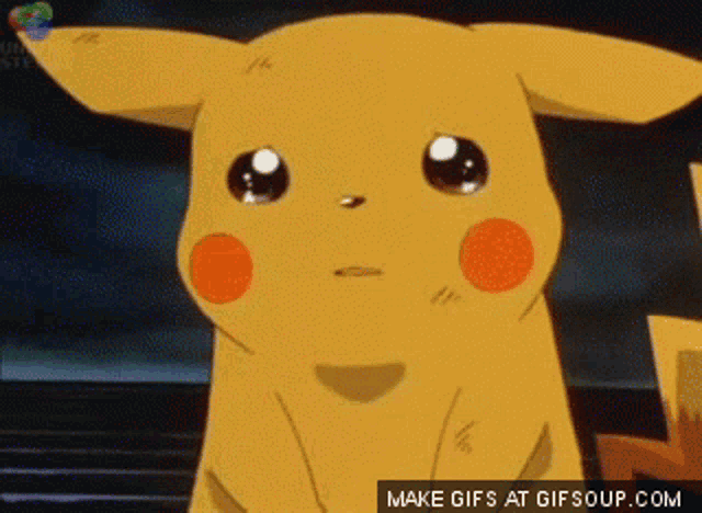 a pikachu with a sad look on his face and the words make gifs at gifsoup.com below it