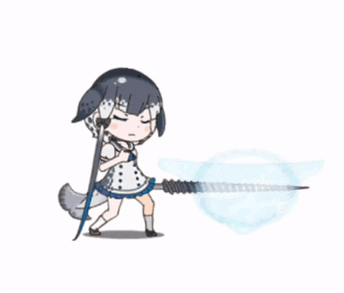 a girl in a white and blue dress is holding a drill in front of a blue spiral