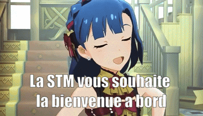 a cartoon girl with blue hair is standing in front of stairs and says la stm vous souhaite