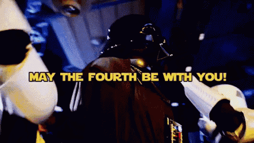 darth vader says " may the fourth be with you " in yellow letters