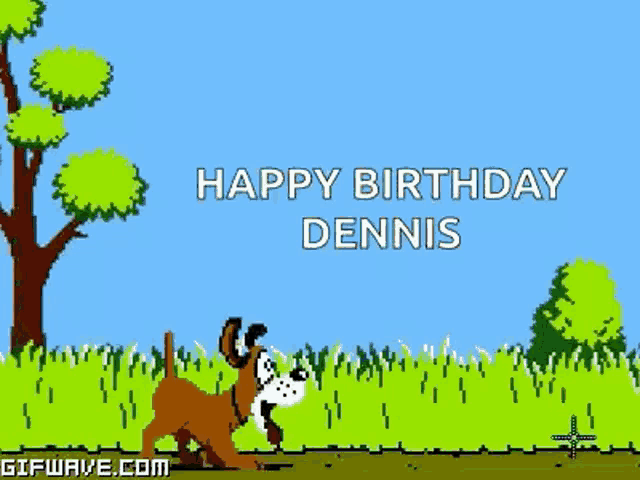 a pixel art of a dog walking in a field with the words happy birthday dennis above it .