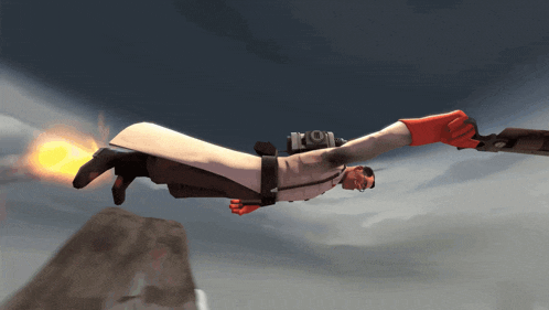 a cartoon character is flying through the air holding a gun